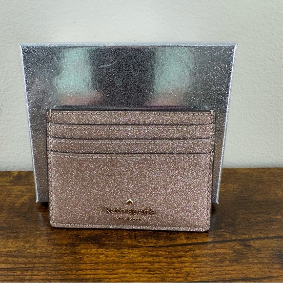 NWT! Kate Spade Small Slim Metallic Gold Glitter Credit Card Case 6 Slot w/ Box - Picture 7 of 9